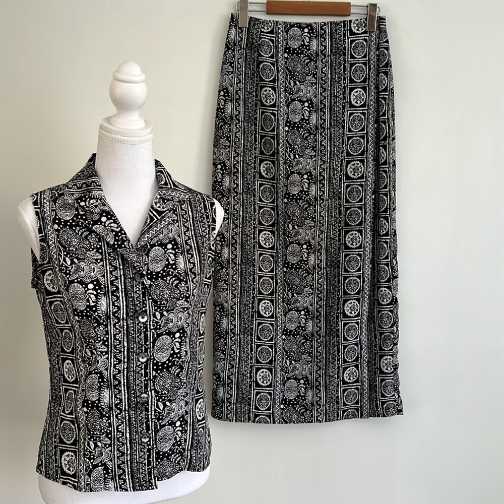 SUZY Shier Two Piece Sleeveless Blouse Long Wrap Skirt Black White